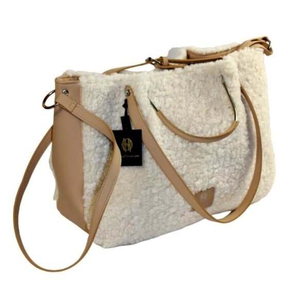 House Of Harlow 1960 Tan Cream Sherpa Shearling Detachable Wristlet Jumbo Tote - Picture 4 of 13